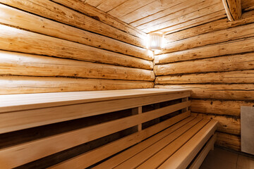 serene sauna setting, calm wooden sauna with ambient light, peaceful wooden sauna bench under gentle lighting, empty tranquil sauna scene with warm tones and soft lighting