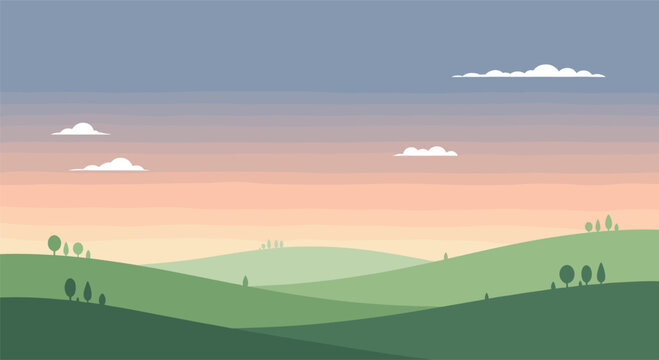 Idyllic pastel landscape with rolling hills and soft clouds