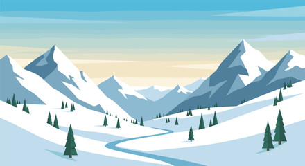 Scenic winter wonderland with snowy mountains and pine trees at sunrise