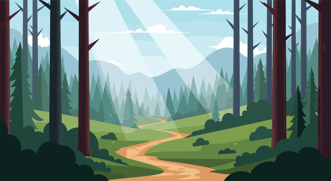 Scenic flat forest landscape with sunlit pathway and distant mountains