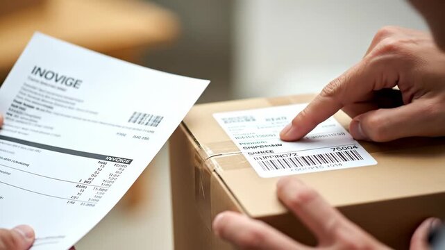 A close-up of hands exchanging an invoice and a shipping label. The focus is on the importance of accurate documentation in business transactions and shipping processes.