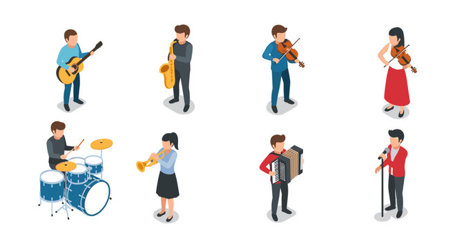 Isometric musicians playing instruments: band performance in diverse styles