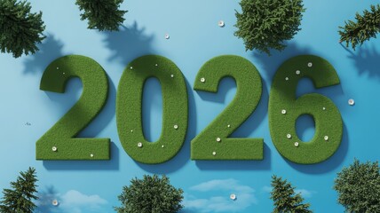 The year 2026 is represented by large, green, moss-covered numbers surrounded by miniature pine trees and water droplets on a light blue background.