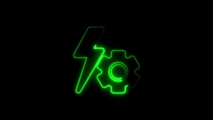 Green neon lightning bolt and gear icon on black background cogwheel