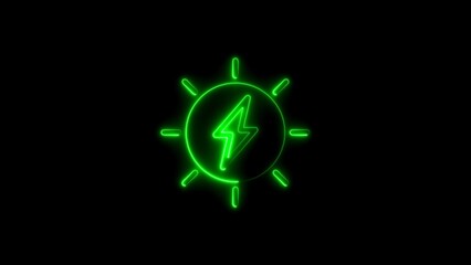 Green Neon Sun with Lightning Bolt Icon on Black Background image photo