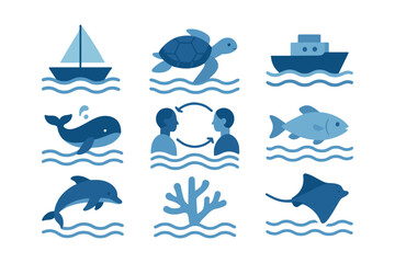 Fototapeta premium Nautical icons: marine life and ocean vessels in minimalist blue design
