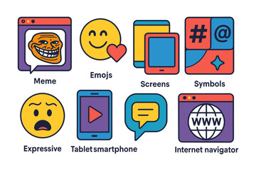 Fototapeta premium Colorful cartoon style internet and emoji icon set