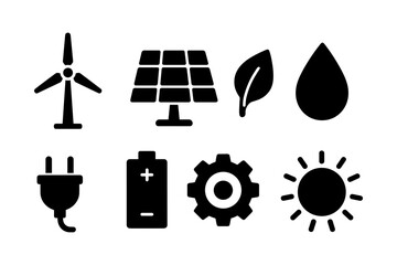 Eco energy icons set featuring wind turbine and solar panel in flat style