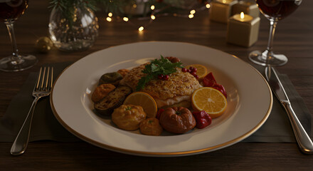 Gourmet plated dinner of savory rice with meat and citrus fruit.