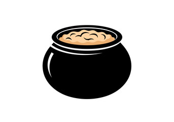 Clay pot with porridge, filled with warm food, on a blank background for culinary concepts
