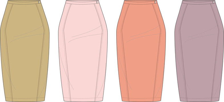Colorful collection of classic knee-length pencil skirts. Women's apparel fashion technical illustration vector set