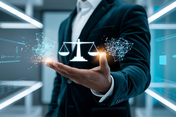 Lawyer holding a digital scale of justice in his hand
