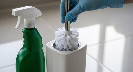 Hand holding toilet brush above cleaner bottle on bathroom floor  