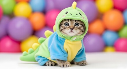 Fototapeta premium Cutest Dino Cat: An adorable kitten dressed in a dinosaur costume gazes into the camera, surrounded by colorful spheres, combining cuteness with playful fantasy.
