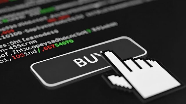 A close-up view of a computer screen displaying a 'Buy' button, representing online shopping or trading. The screen features code and data, emphasizing digital transactions.