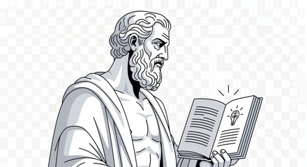 A thoughtful ancient Greek philosopher discovers a bright new idea in a book, a vector illustration celebrating World Philosophy Day