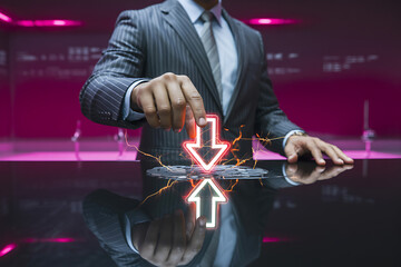 Businessman interacting with glowing up and down arrows