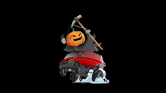 Animation Happy Halloween, Cute Grim Reaper with red Van (transparant background, mov file 4k)