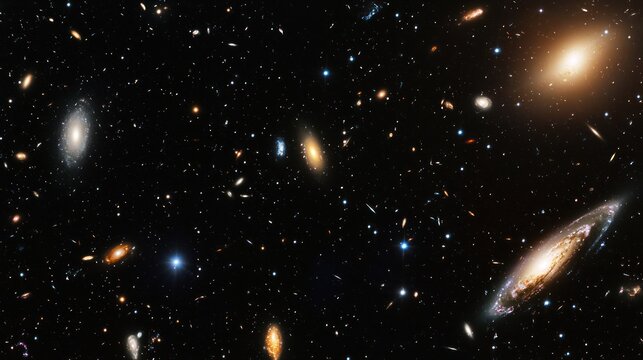 A vast expanse of space filled with countless galaxies, stars, and nebulae, with a few bright, glowing objects in the foreground and a dark, 