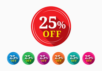 Discount tag template. Discount buy now label pop-up banner with 25 percent off price reduction badge promotion, red discount sale tags with percentages.
