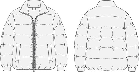 Puffer jacket vector illustration, quilted winter coat flat sketch front and back view, fashion technical drawing, outerwear design template, editable clothing mockup © Rabbi's World