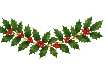 Holly garland decorating with red berries and glowing string lights on transparent background