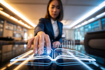 Businesswoman touching a futuristic glowing book with data visualization