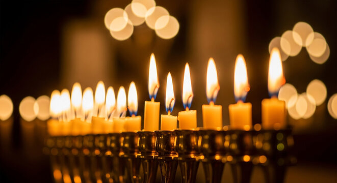 A close-up, eye-level shot of a menorah with lit candles, the main focus is the candles and their flames