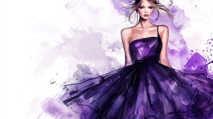 A stunning digital illustration of a beautiful woman wearing a flowing, dark purple gown. The dress is layered and voluminous, with a watercolor effect and splatters of purple paint. 