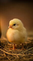 Adorable chick portrait showcasing soft feathers and innocent gaze on straw ground