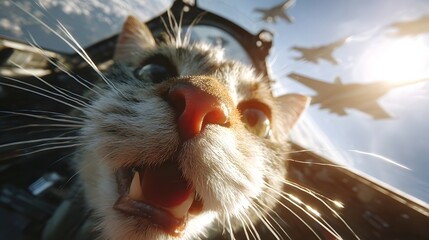 Close up portrait of a comical cat with wide eyes and an open mouth inside a fighter jet cockpit as military jets fly in formation against a bright sky