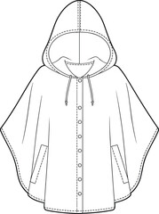 Hooded poncho technical drawing, fashion flat sketch, garment design vector, cape jacket illustration, clothing template, outerwear mockup style for apparel industry