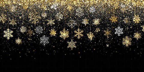 Sparkling golden and silver snowflakes descend against a deep black background creating a festive border effect