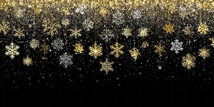 Sparkling golden and silver snowflakes descend against a deep black background creating a festive border effect