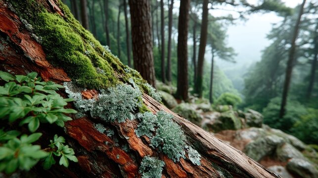 Close up view of detailed textured tree bark covered in green moss and pale lichen in a misty forest setting with soft natural light and blurred background of pine trees and rocky terrain