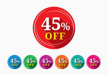 Discount tag template. Discount buy now label pop-up banner with 45 percent off price reduction badge promotion, red discount sale tags with percentages.