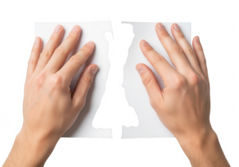 Hands tearing a sheet of white paper, showing the concept of separation