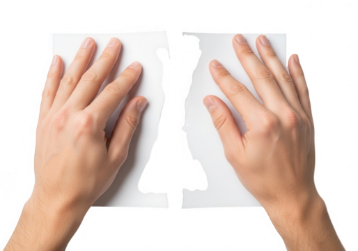 Hands tearing a sheet of white paper, showing the concept of separation