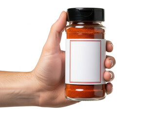Hand holding a jar of paprika with a blank label for branding