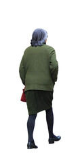 Femme âgée vue de dos, elle marche, portant une veste verte, une jupe assortie, des collants noirs et des chaussures noires, tenant un sac à main rouge, style citadin décontracté, saison automnale