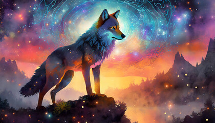 Abstract magical scene of a wolf captured in artwork crafted.