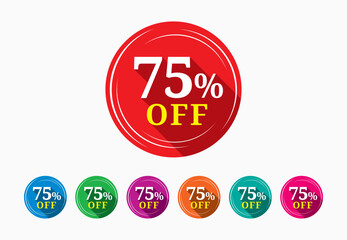 Discount tag template. Discount buy now label pop-up banner with 75 percent off price reduction badge promotion, red discount sale tags with percentages.