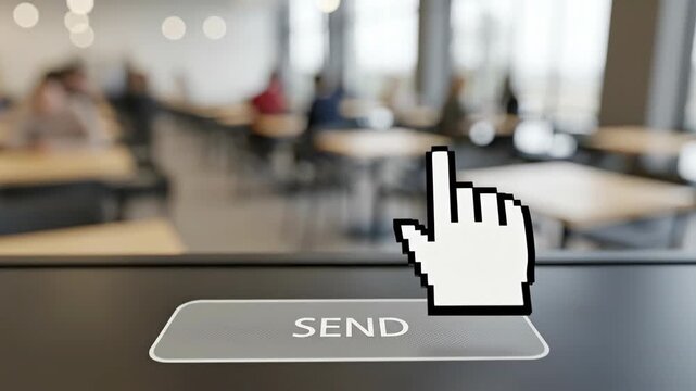 A close-up view of a 'SEND' button on a modern desktop, with fingers poised to click. The background shows an office environment filled with people collaborating.