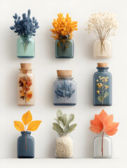 A grid of nine glass apothecary jars displays various dried botanicals and leaves in rich autumnal and muted colors against a white background
