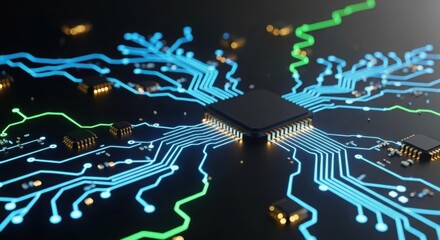 Microchip and circuits on dark background