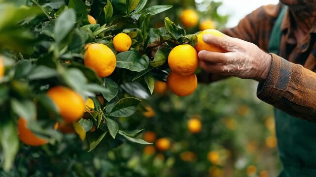 Medium shot of a worker handpicking ripe oranges carefully from tree branches ensuring fruit remains undamaged during harvest