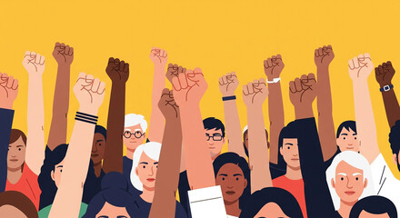 A vibrant illustration depicts a diverse crowd of people with their fists raised in a gesture of solidarity and protest