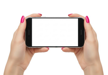 Woman holding a smartphone with a blank white screen in landscape orientation
