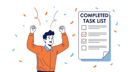 Achievement Celebration With Completed Task List And Symbol Of Task Done