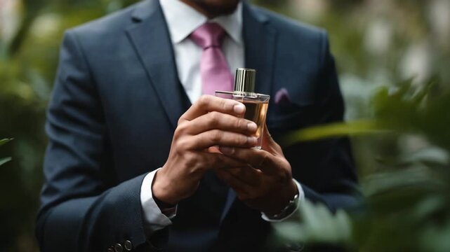 Ultra HD A gentleman holding a bottle of perfume video, a gentleman in a suit stands with a bottle of perfume in his hand video, a bottle of perfume in the hands of a gentleman video